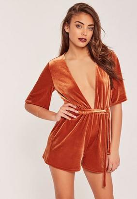 Missguided Velvet Kimono Sleeve Tie Waist Playsuit Orange