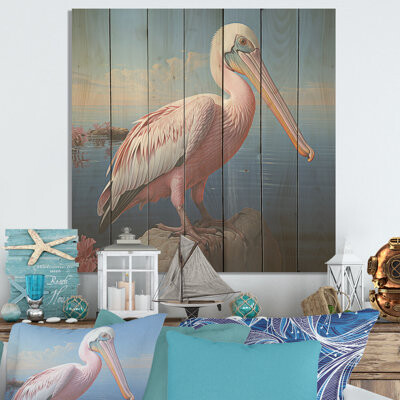 Highland Dunes Pink Pelican Poise - Coastal Animal On Wood Print