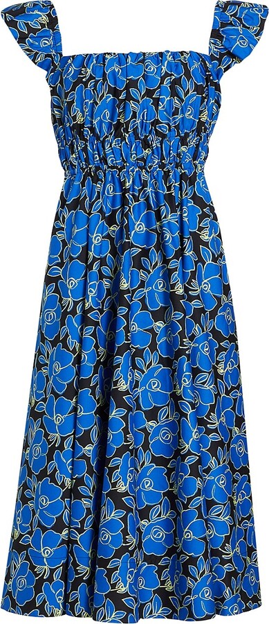 Kate Spade New York BLUE Women's Grand Flora Poplin Midi Dress, US 4 