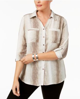 NY Collection Plus Size Printed Utility Shirt