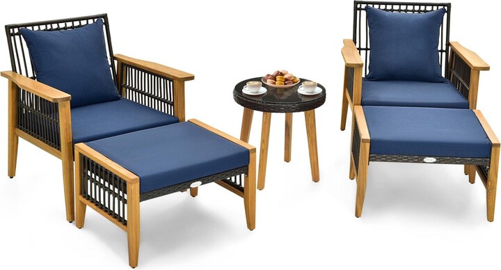 Costway 5 Pcs Patio Acacia Wood Wicker Woven Furniture Set with Coffee Table & 2 Ottomans