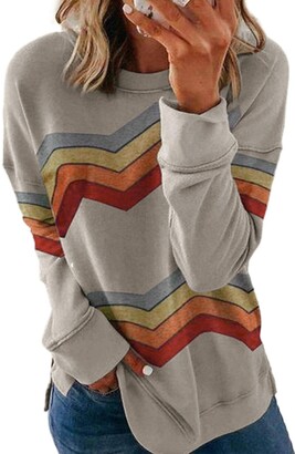 Women Teen Girls Fashion Turn-Down Collar Crop Top Sweatshirt Long Sleeve Rainbow Striped Color Block Pullover Shirts 