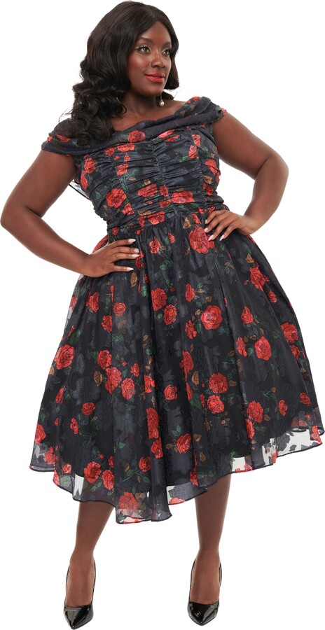 Unique Vintage Plus Size Off The Shoulder Ruffle Cocktail Dress
