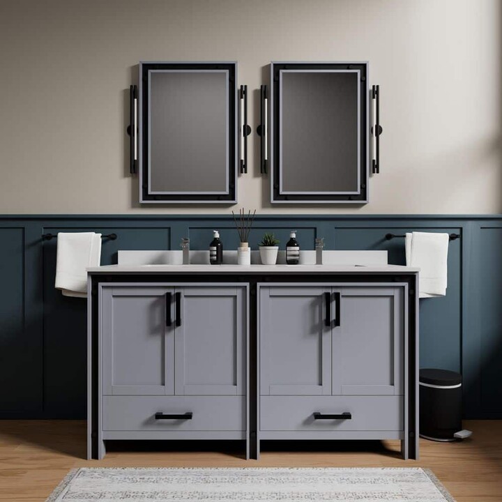 Lexora Ziva 60 in W x 22 in D Dark Grey Double Bath Vanity, Cultured Marble Top and 22 in Mirrors