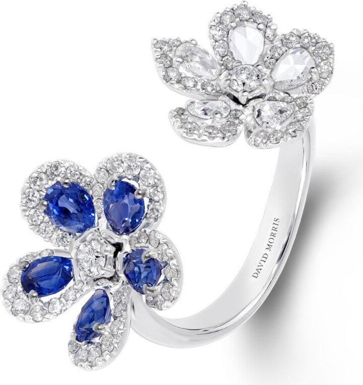 David Morris White Gold, Diamond and Blue Sapphire Miss Daisy 2 Flower Ring