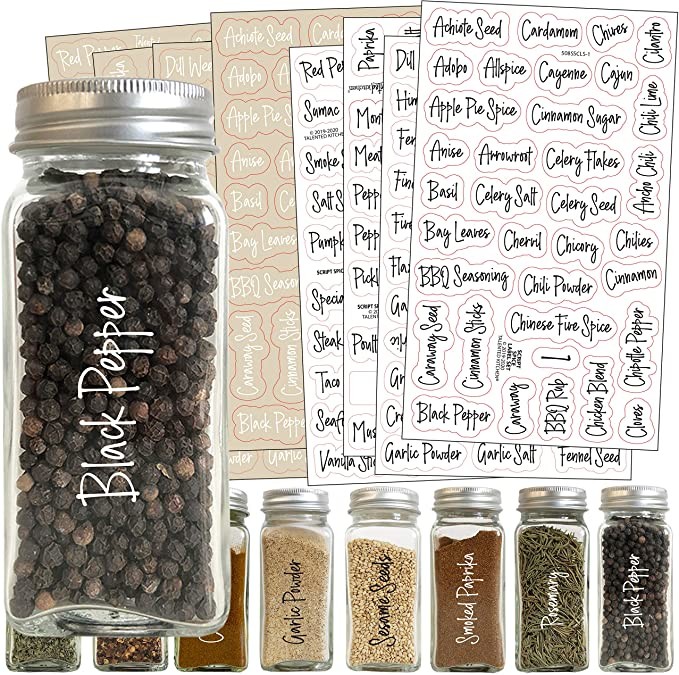 Talented Kitchen 272 Script Spice Label Combo – 272 Black & White Preprinted Labels: Most Common Spice Names in 2 Letter Colors on Clear Stickers. Waterproof, Spice Jar Labels Spice Rack Organization