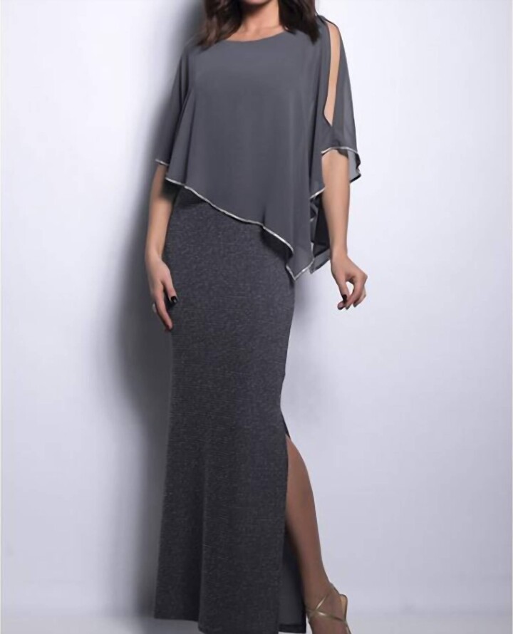 Frank Lyman Long Layered Dress With Crystal Detailing In Charcoal ...
