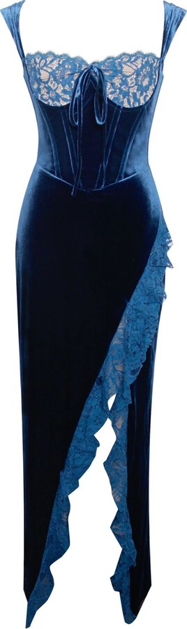 Miss Circle New York Blue Odilia Teal Lace Velvet Maxi Dress