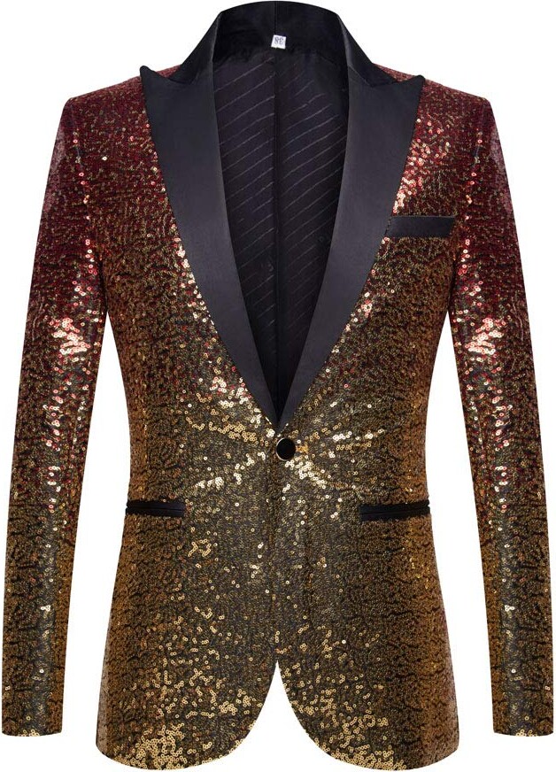PYJTRL Men Fashion Gradual Change Color Sequins Suit Jacket (Red Gold