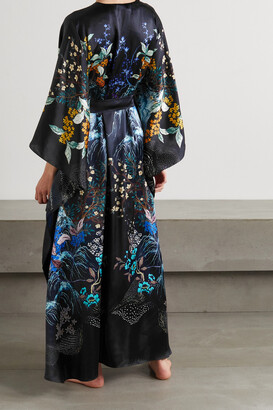 MENG Belted Floral-print Silk-satin Robe - Blue