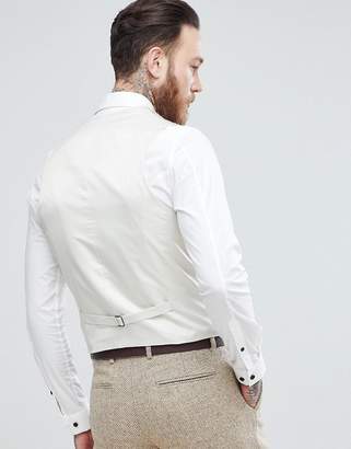 ASOS Design Slim Suit Waistcoat In 100% Wool Harris Tweed In Taupe Herringbone