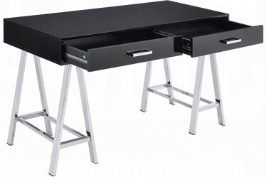 17 Stories Black High Gloss Writing Desk With Chrome Accents And 2 Drawers | Gift Idea