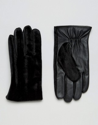 ASOS Leather Gloves With Faux Pony Skin In Black