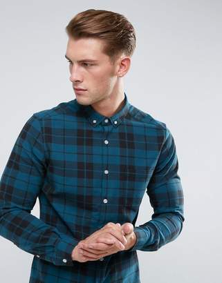 ASOS Design Stretch Slim Twill Check Shirt In Teal