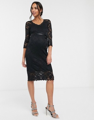 Mama Licious Mamalicious Maternity lace midi dress with waist detail in black