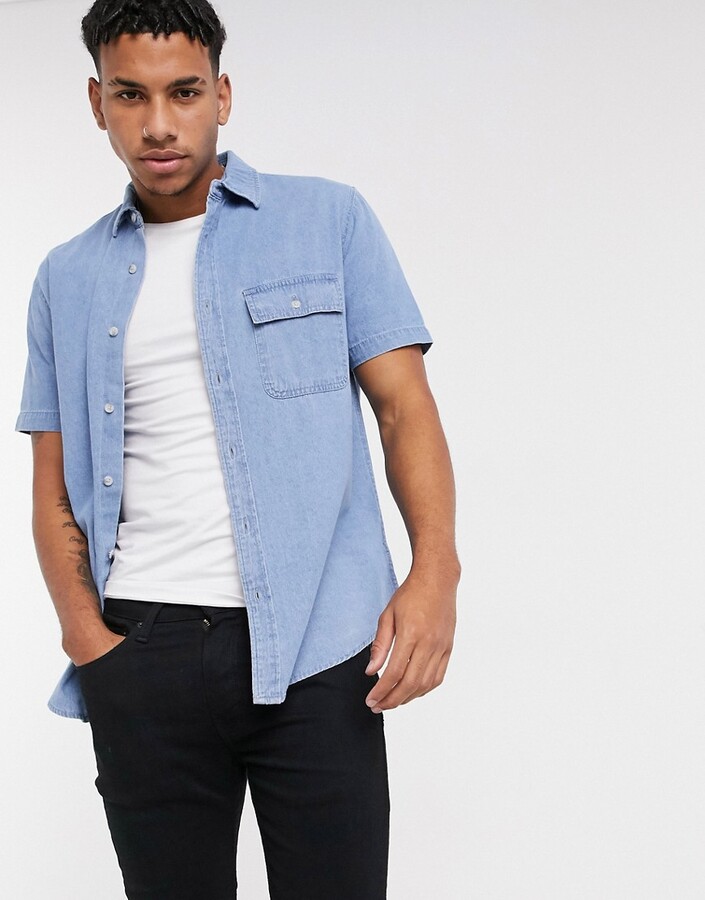 Topman short sleeve denim shirt in blue - ShopStyle