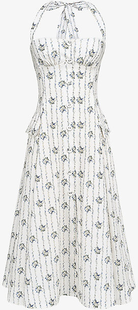 House Of CB Womens Diasy Stripe Cream Claudia Daisy-Print Stretch-Cotton Midi Dress M