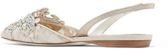 Rene Caovilla Crystal-embellished Lace And Ayers Point-toe Flats - Beige