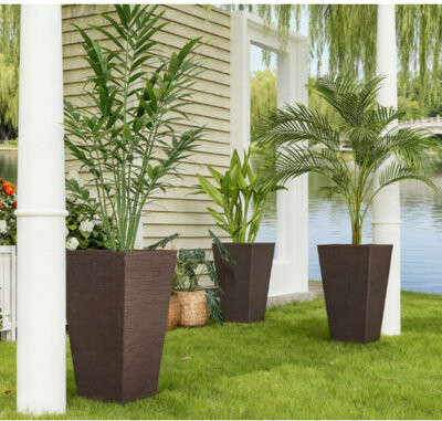 Latitude Run Outdoor Planter Box Set of 3 Tall PP Rattan-Style Planters with Drainage Holes for Outdoor 14.3\