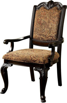 Solid Wood 2pc Arm Chairs, Brown Cherry Tone, Intricate Carvings, Dining Luxury Wood, Print Fabric,