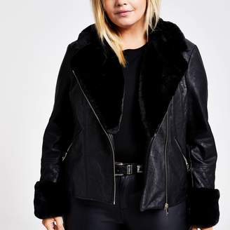 River Island Womens Plus Black faux fur quilted biker jacket