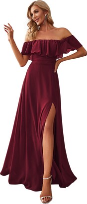 Ever-Pretty Women Evening Gowns A Line Off The Shoulder Thigh High Slit Dark Purple 10