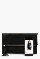 Thumbnail for your product : boohoo Oversized Croc Fold Over Zip Clutch & Tassel Bag