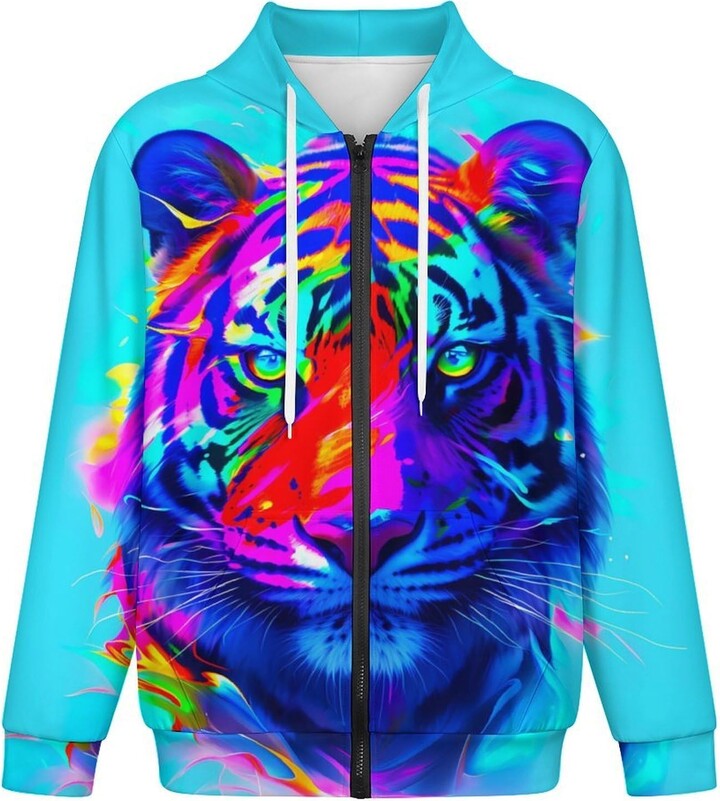 FLAREO Mens Rainbow Wolf Zip up Hoodie Cool 3D Printed Lightweight Graphic Hoodies Pullover Sweatshirts