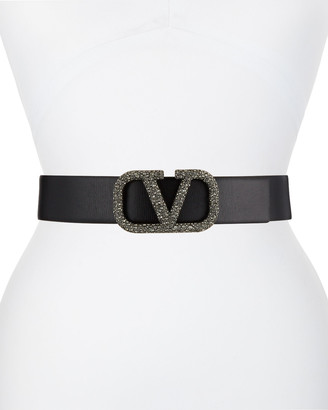 Valentino Garavani VLOGO Leather Belt with Strass Buckle