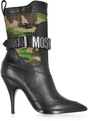 Moschino Black Leather and Camouflage Quilted Canvas Boots