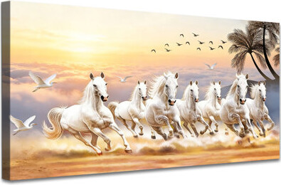 East Urban Home Large Horse Canvas Wall Art Decor, White Horse Running in Sunrise Scenery, Animal Print Canvas Wrapped Framed Painting for Living Room Bedroom Office,