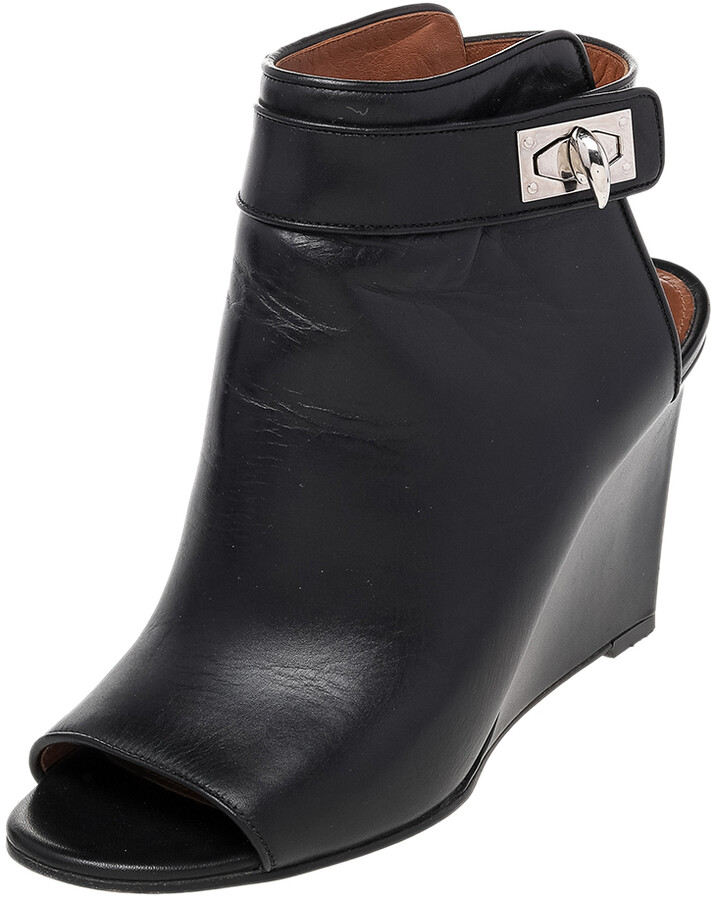 Givenchy Black Leather Shark Lock Peep-Toe Wedge Booties Size 38 - ShopStyle