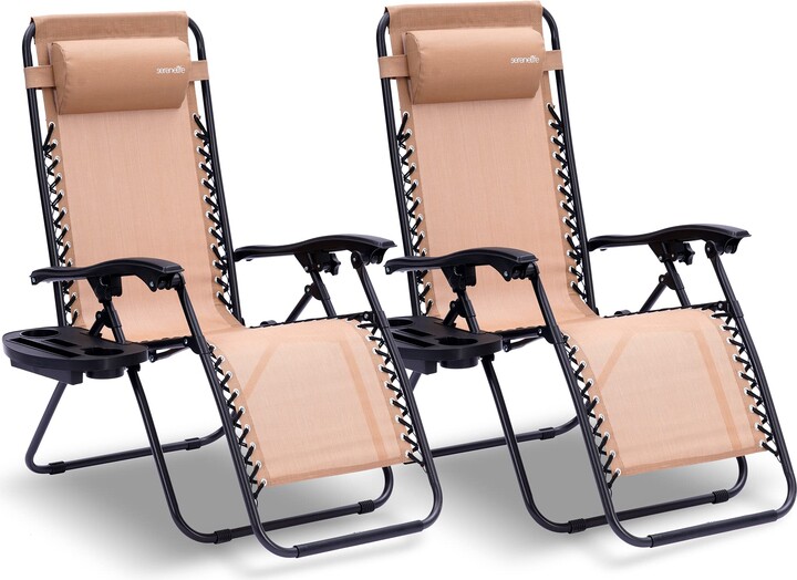 SereneLife Zero Gravity Chairs Set of 2 - Adjustable Steel Mesh Lawn Chairs - Outdoor Lounge Chairs with Detachable Cup Holder Tray - Foldable Outdoor Chair with Removable Pillows - Grey