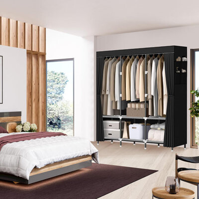 Rebrilliant Wardrobe ClosetPortable Closet For Bedroom Steel Pipe Diameter 19Mm Strong And Sturdy Black Portable Closets For Hanging Clothes With 3 Hanging Rods