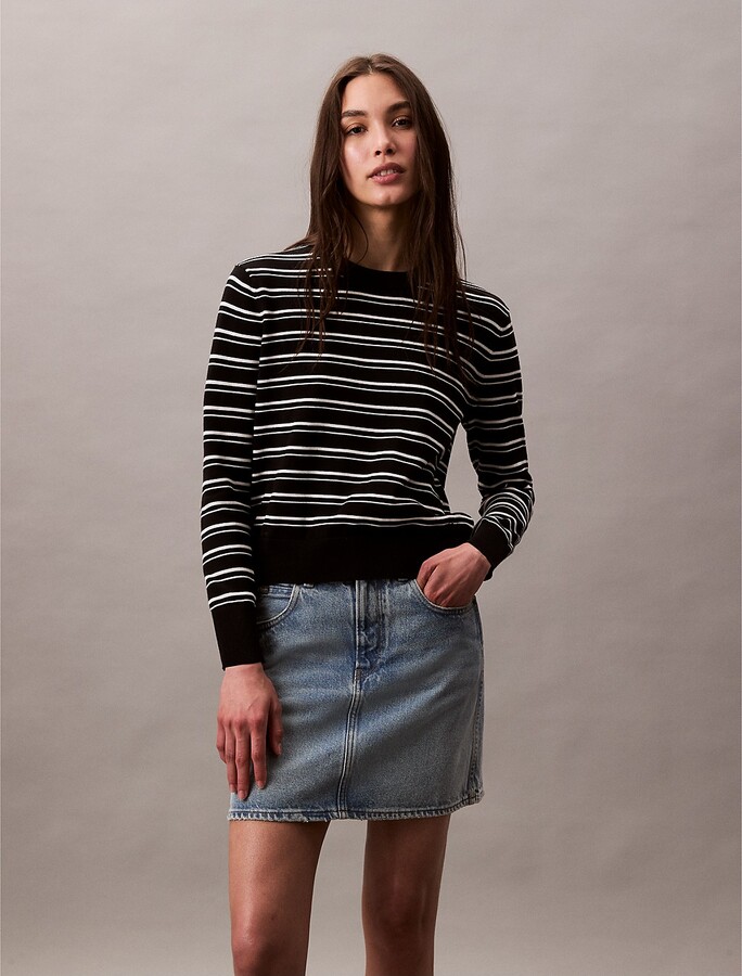 Calvin Klein Women's Smooth Cotton Stripe Crewneck Sweater