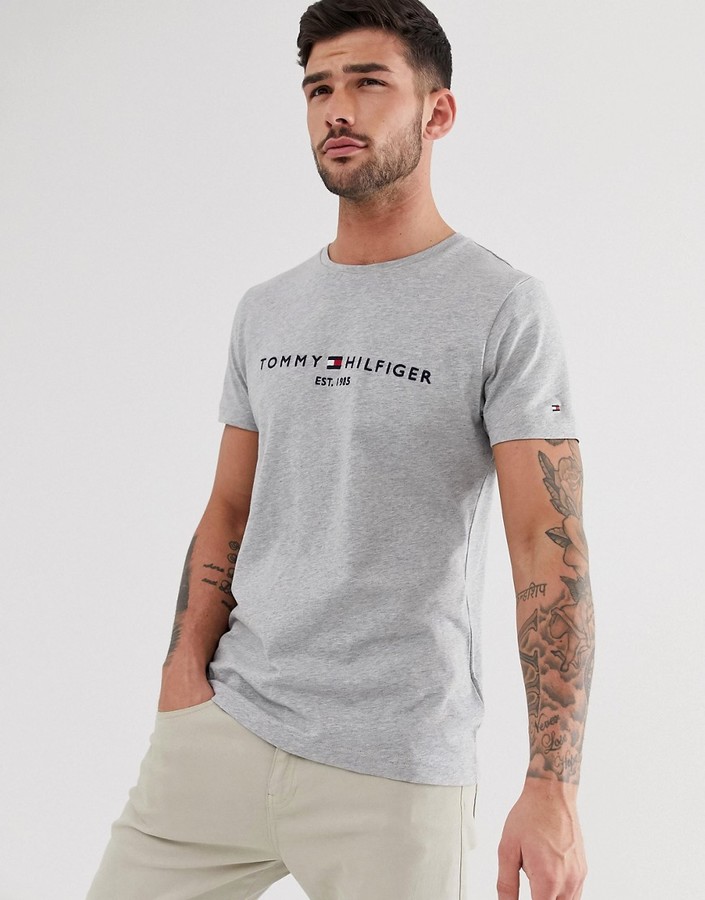 Tommy Hilfiger embroidered flag logo t-shirt in gray marl - ShopStyle