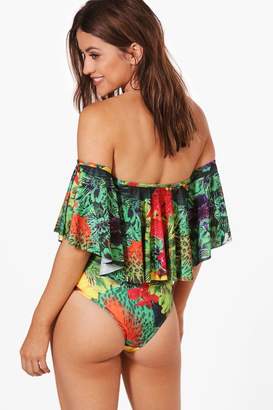 boohoo Maternity Off The Shoulder Frill Tropical Swimsuit