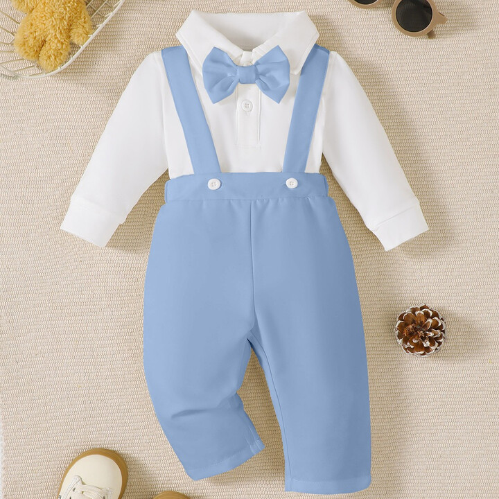 Mioglrie Romper Outfit for 1-18Months Newborn Baby Boy Leisure White Long Sleeves Romper with Blue Strap Pants 2PCS Summer & Autumn Set