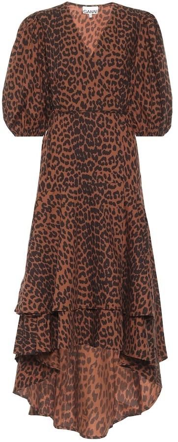 ganni printed cotton wrap dress
