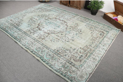 Bungalow Rose Handwoven Oushak Style Vintage Turkish Rug in Green Kurdish Design for Living Room Decor
