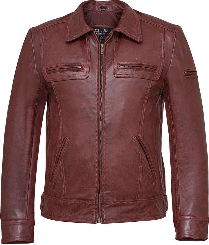 Charlie LONDON Men's Lynch Vintage Red Wine Leather Jacket (Red Medium