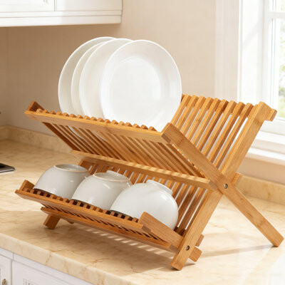 BY Family Collapsible Bamboo Dish Drying Rack With 14 Slots 2-Tier Storage For Plates Bowls Cups And Utensils Space-Saving Foldable Design