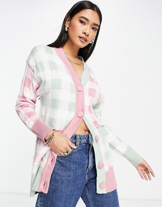 Neon Rose oversized cardigan in colour block gingham - ShopStyle