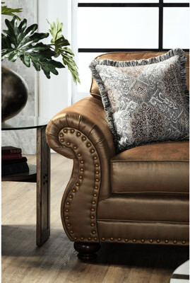Faux Leather And With Antique Bronze Nailheads, Soft Ginger Brown Upholstery, Rolled , Cushions, Wood Frame Nailhead Accents, Padded Seating, Base