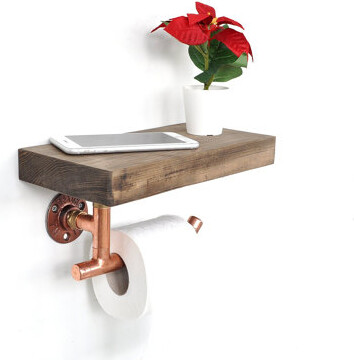 SpiritHome Handmade Industrial Copper Pipe Wall Mounted Toilet Paper Holder With Rustic Wood Shelf