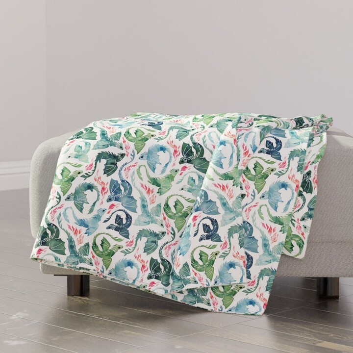 Watercolor Dragon Throw Blanket - Mystical Fantasy Flying Dragons Sea Green Fire Breathing By Adenaj