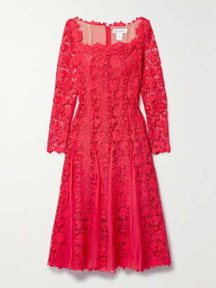 Oscar de la Renta Silk-chiffon Trimmed Guipure Lace Midi Dress - Red
