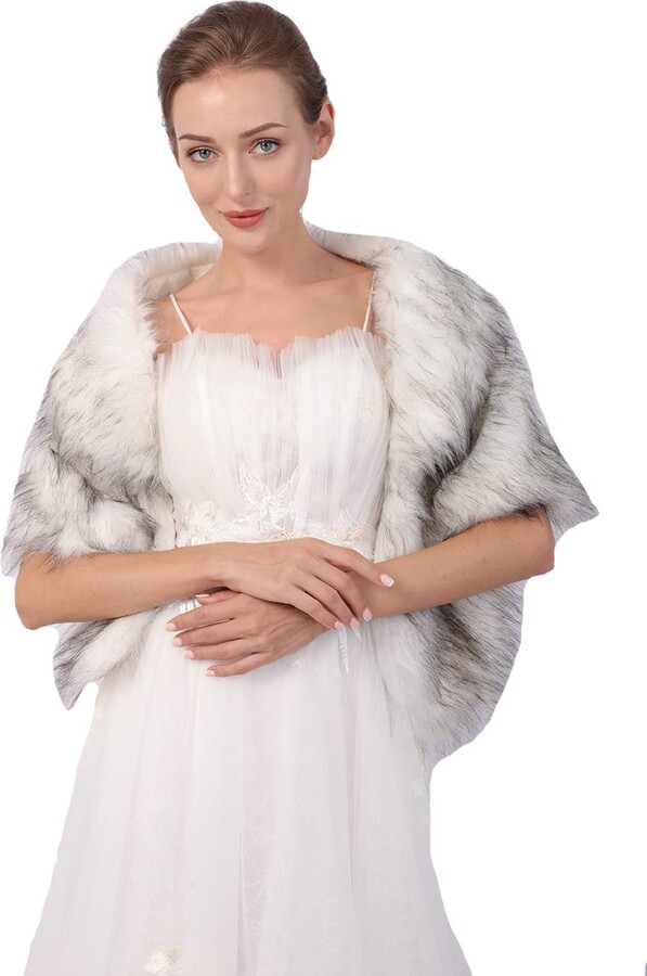 Sither Faux Fur Shawl Wrap Stole Shrug Winter Bridal Wedding Women Wedding Faux  Fur Wraps and Shawl White with Grey Bridal Fur Stoles Scarf with  Rhinestones Brooch for Evening Party Dresses -