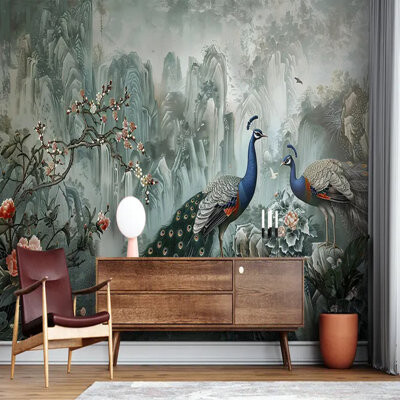 Red Barrel Studio Elegant Oriental Peacock Landscape Wall Mural