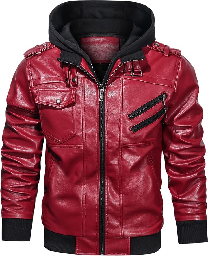HOOD CREW Men’s PU Faux Leather Motorcycle Bomber Jacket With a